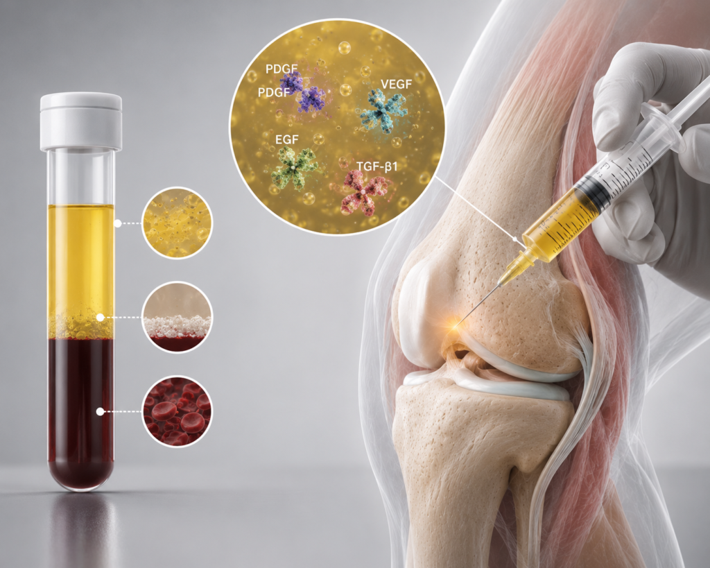 plasma rico em plaquetas (PRP), feito do sangue. Usado para artrose do joelho, menisco, tendinite, ombro, coluna, cotovelo.
